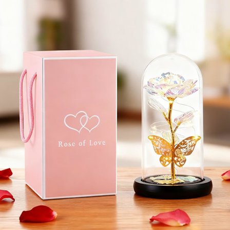 Evighedsrose i glaskuppel til kvinder, Evige roser Kunstige blomster Fødselsdagsgaver, Regnbuerose Blomstergave til jul, jubilæum