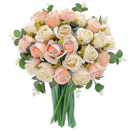 Kunstige Blomster Falske Roser Buket 24 Hoveder & Eukalyptusblade Stængler I Løs Vægt Blomster Bryllup (p