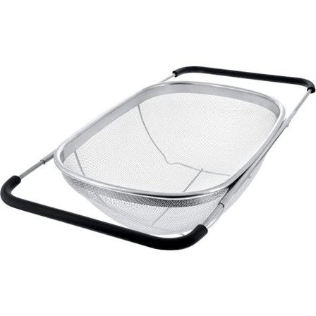 Ovalt dørslag i rustfrit stål til vask med finmasket si og udvideligt gummihåndtag