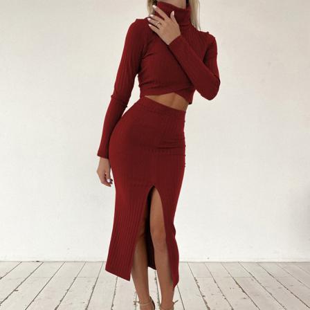 Vinter Ribb Slim Tvådelad Set Casual Hög Krage Pullover Top