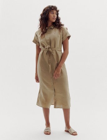 Tommy Hilfiger Ess Linen S/S Midi Shirt Dress - Beige - 40
