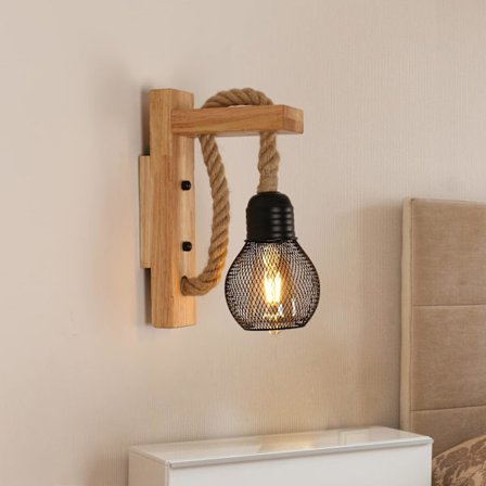 Vintage industriell vägglampa, rustik vägglampa i trä, svart meta