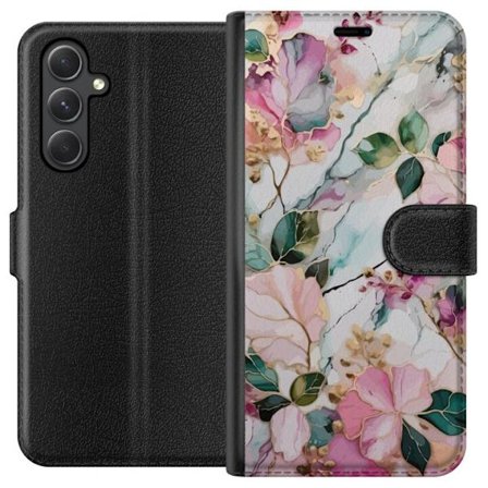 Kompatibel Tegnebogsetui til Samsung Galaxy A05s Abstrakt marmormønster med blomster, blade og gyldne detaljer i bløde pastelfarver