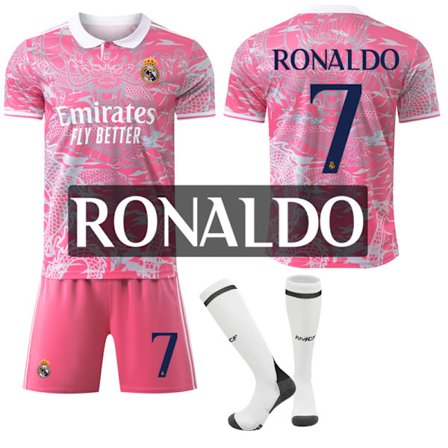 25-26 Real Madrid CF Rosa Drakmönster Special Anniversary Edition NO.7 RONALDO Tröjor Barn Vuxen Fotbollsutrustning med Strumpor