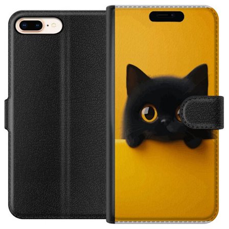 Kompatibelt Plånboksfodral till Apple Apple iPhone 7 Plus Svart katt sticker upp över gul kant - ren och modern illustration med stora ögon, lekful