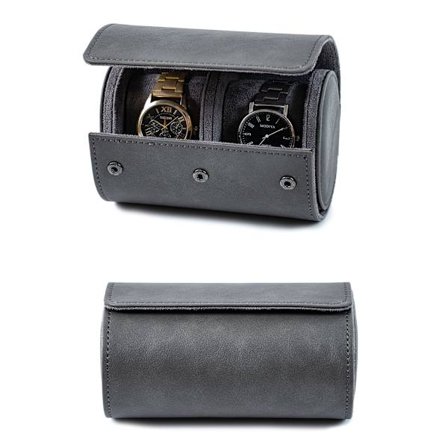 Klokkeboks med 2 rom, klokkeveske med glasslokk, klokkeboks med avtagbar klokkepute, klokkeoppbevaring for menn (grå)