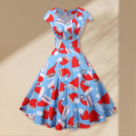 Vintage julekjole med sving, V-hals, korte ærmer, elegant cocktailkjole til jul og nytårsfest