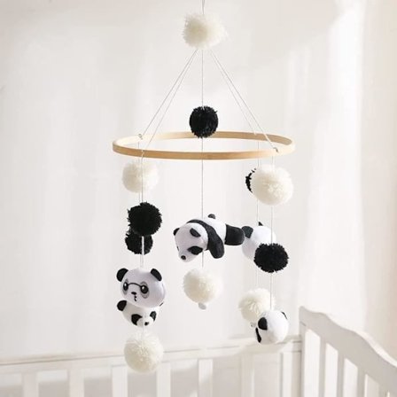 Puinen vauvan mobile huopapalloilla - AQSACOKIYA - Panda - Sekoitettu - Musta