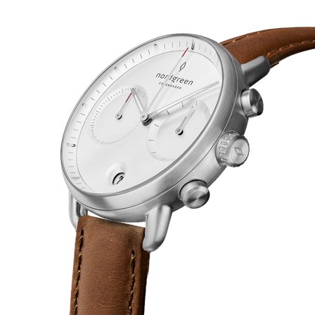 Nordgreen Men's Scandinavian Wrist Watch - Silver Case - White Dial - Brown Vegan Leather Watch Strap42mm Pioneer White Dial Chronograph