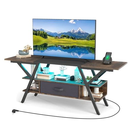 TV-bänk med inbyggd laddstation och LED-belysning - Sort/Brun