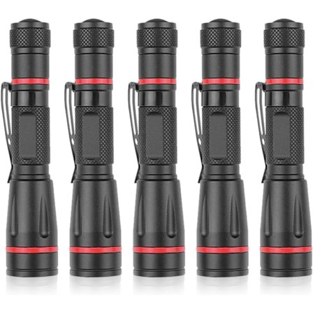 Sæt med 5 LED lommelygter, lommelygte med klips, zoombar, vandtæt, slank til camping, udendørs brug