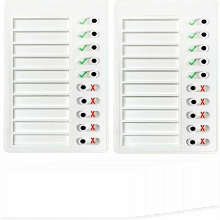 2 kappaletta tarkistuslistoja, muovinen muistitaulu, uudelleenkäytettävä tarkistuslista liukusäätimellä, irrotettava ja uudelleenkäytettävä