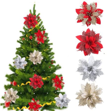 Set med 12 julblommor 14 cm med 12 klämmor 12 konstgjorda julstjärnor för julgran, festdekorationer Julgransdekoration (guld/silver/rött/rött guld)