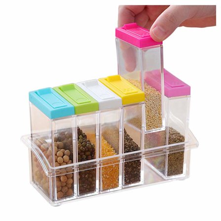 Gjennomsiktig plast krydderboks sett med 6, krydderglass beholder for salt sukker og pepper praktisk design