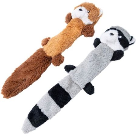 2-pak pipende hundeplysjleker, rev og vaskebjørn plysjleker, valpeleker