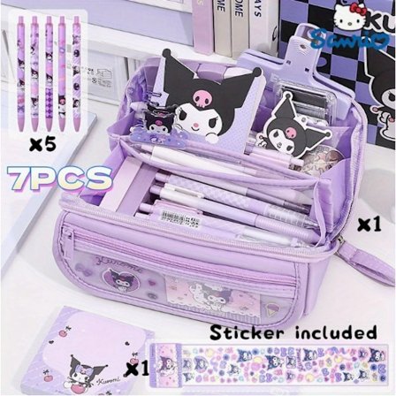 7-delt skrivesæt 9-lags penalhus med stor kapacitet - sødt design, lærreds penalhus til studerende (lilla penalhus + pen + klistermærke)