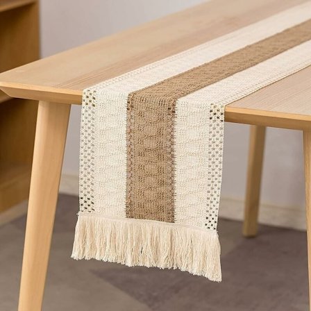Macrame bordslöpare Triumph matbord löpare 180cm natur bomull och linne bohemisk virkad spets tofsar bordsdekoration