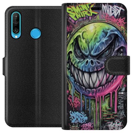 Kompatibelt Lommeboketui til Huawei P30 lite Fargerik graffitiillustrasjon av et ondskapsfullt smilende monsteransikt med dryppende neonfarge