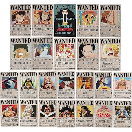 HEYTEA One Piece Wanted Poster 28,5cm19,5cm, Ny Utgåva, Zorro, Luffy, 1,5 miljarder, Set med 24 - -