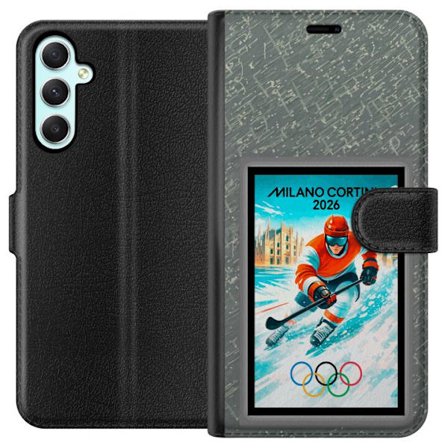 Yhteensopiva Lompakkokotelo Samsung Galaxy A34 Curlingkuvitus pelaajilla ja kivillä jäällä, Milano Cortina 2026, lumisia roiskeita ja olympiasormukset