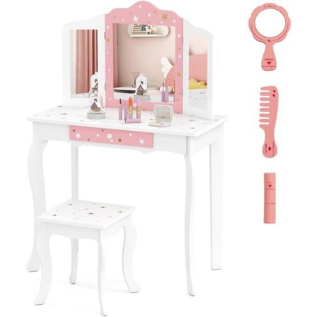 COSTWAY Sminkebord og Taburet Sæt til børn, Aftageligt 3-foldet spejl, Makeup Bord med Skuffe Hvid