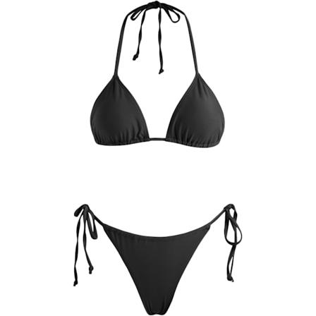 Kvinnors Triangel Bikini String Baddräkt Tryck Tie Smocked Ruched Tvådelad Baddräkt Set Black1 S