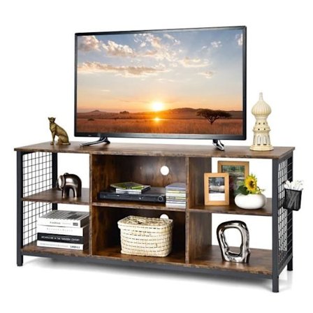 COSTWAY 65" TV-bänk med 6 fack, justerbara hyllor, 2 kabelhål, vardagsrum, sovrum, 140x40x63cm, brun