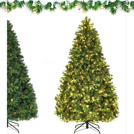 Keinotekoinen LED-joulukuusi 240cm COSTWAY-600 Lämminvalkoiset Valot-81 Käpyjä-1335 PVC- ja PE-oksa-joulukoristeet