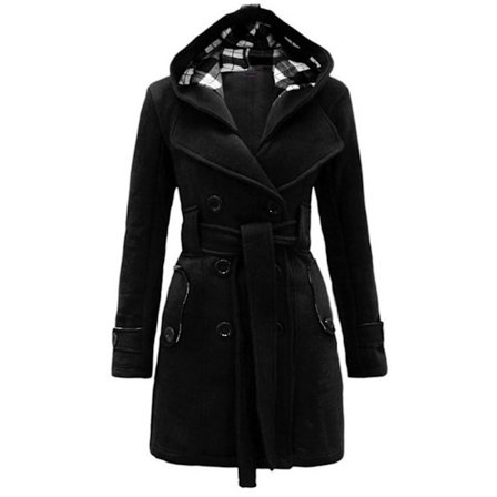 Dame Hoodie Frakk Dobbelspent Vinter Filt Lang Jakke Med Belte i Livet