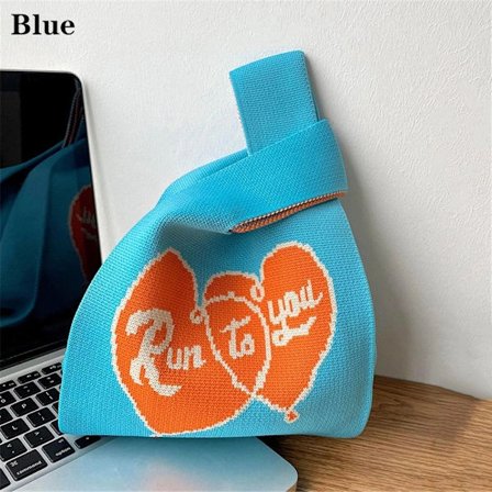 Stickad Handväska Knuten Handledsväska BLÅ blå