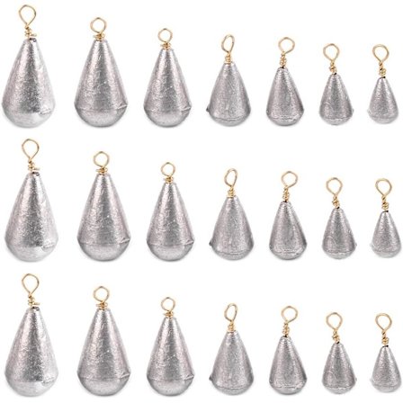 21 st fiskesänken i järn, vikter för fiskekast, set med tårdropformade sänken, fisketillbehör