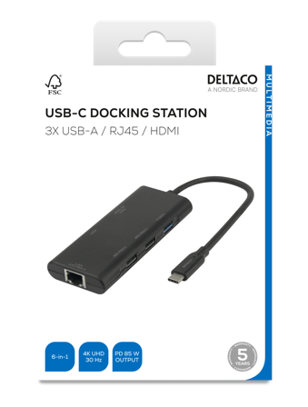 Deltaco USB-C docking station, single, 1x HDMI, 3x USB-A, RJ45