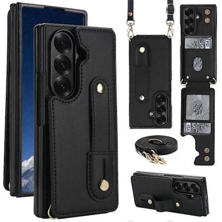 Fodral for Samsung Galaxy Z Fold7 5G med stativ, kortlommer, lærbelagt TPU-skall med skulderrem, svart