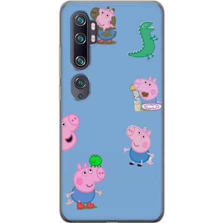 Kompatibel Mobilcover til Xiaomi Mi Note 10 Peppa Pig ansigtsmønster på lyseblå baggrund, gentaget legende børne motiv med Greta Gris