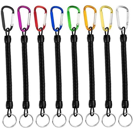 8 stk. Strækbar Spiral Nøglering med Farvet D Metal Karabinhage, udtrækkelig