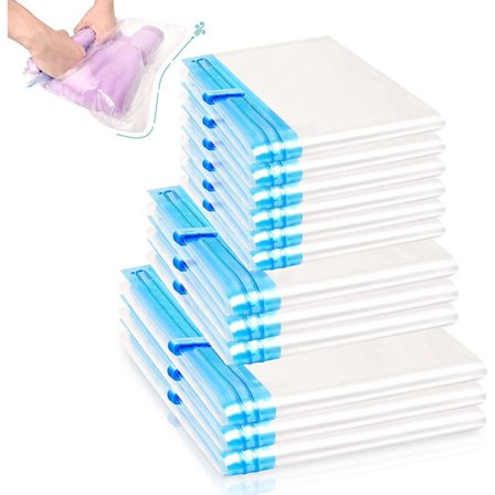 Kompresjonsposer for reise - 14 pakk rullbare plassbesparende vakuum oppbevaringsposer - Ingen vakuum eller pumpe nødvendig - Gjenbrukbare 