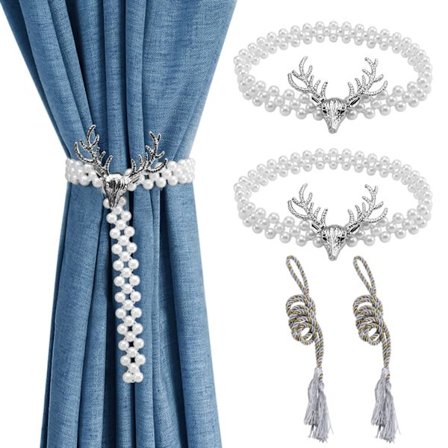 2 pak gardin metal slips - med klassisk lille perle, elastisk reb gardiner hold holdbacks til hjemmekontor hotel vindue gardin dekoration (sølv hjort)