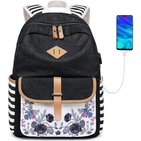 Goldwheat Flicka Rygsæk Canvas Skoletaske Laptop Rygsæk Bogtaske Med USB-ladeport