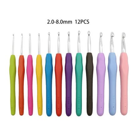 Heklenålssett, størrelse 2mm-8mm, 12-delt farget strikket heklenålssett. Ergonomisk design, egnet for nybegynnere