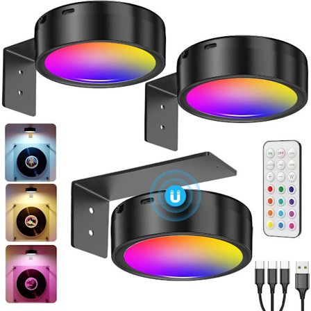 Trådløs LED-bildelampe med fjernkontroll, 2000mAh batteri, 3 fargetemperaturer, 12 RGB dimbar timer, kompatibel med kunstrammer, svart sett med 3