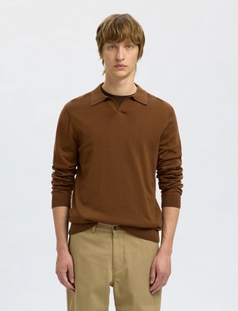 Selected Slhtray Ls Knit Merino Open Polo - Brown - M
