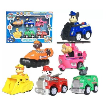 6-pak Paw Patrol Hvalpe Actionfigurer med Tilbagetræksbiler