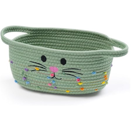 Grøn Lille Vævet Bomuldsreb Kurv med Håndtag - Sød Organizer Kurv til Børneværelse Gave Hunde Kat Legetøjsopbevaring