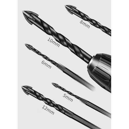 5 stk murbor, sett med tungstenkarbidbor for fliser, murstein, glass, plast og tre, 5 mm, 6 mm, 8 mm, 10 mm, 12 mm