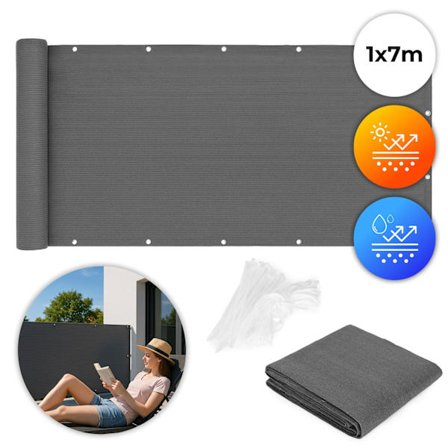 Balkong Sekretessskärm med beslag 100x700 cm Skuggnät + Monteringstillbehör Grå MultiGarden