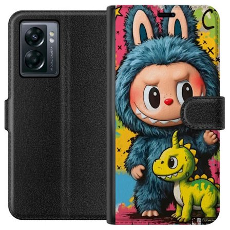 OnePlus Nord N300 Plånboksfodral Söt figur i blå monsterdräkt Labubu med liten gul dinosaurie färgstark kawaii konst söt lekfull tecknad film lj