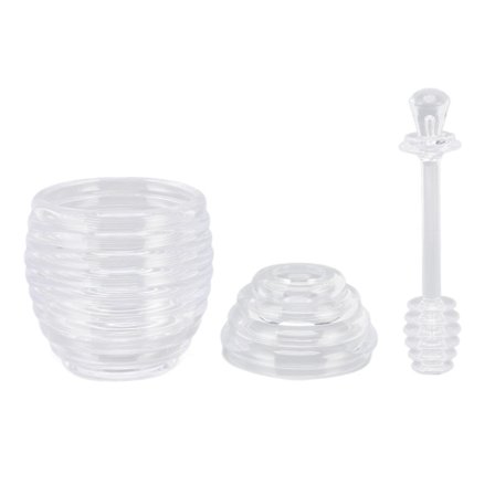 Bieformet honningkrukke i plast med rørepinne, kjøkkentilbehør