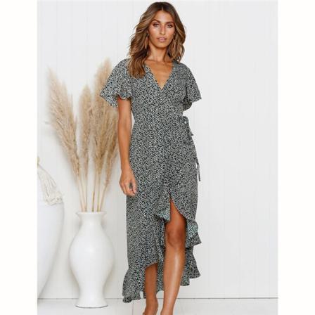 Boho Sexig Lace-up Print Lång Klänning Sommar Dam V-neck Kort Sl