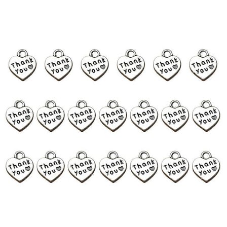 20 stycken tackbrev-berlocker i legering, hjärtaformade, med tack-ord, berlocker för DIY-smyckestillverkning (antiksilver) - WELLNGS