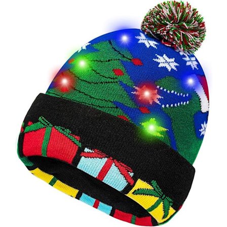 Lysende Julehat, LED Julehatte med Lys, Blinkende Julehue Strikket Hue til Børn Voksne Drenge Piger